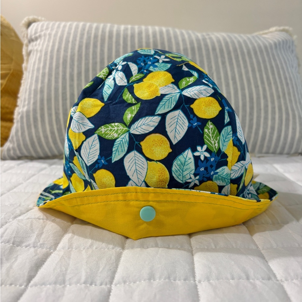 Hand Crafted Yellow and Blue Sun Hat with Lemon Print